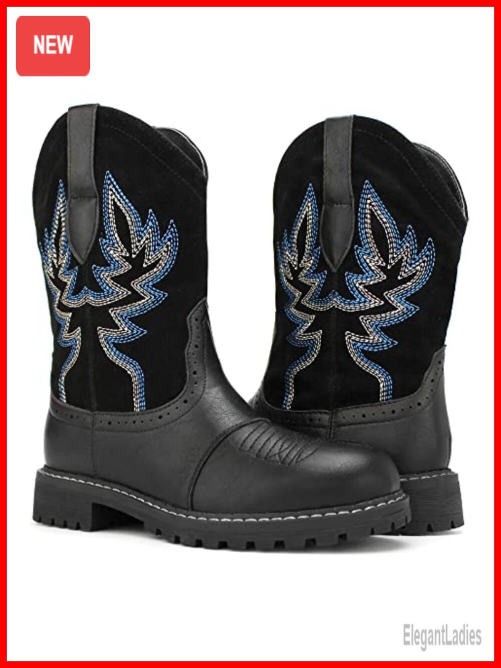 Embroidered Western Cowboy Mid Calf Boots Faux Leather Round Toe | Work Rodeo